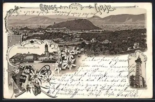 Lithographie Graz, Schlossberg, Neue Brücke und Panorama