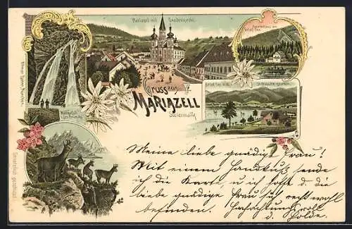 Lithographie Mariazell /Steiermark, Ansicht mit Gnadenkirche, Wasserfall und Erlassee