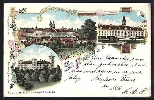 Lithographie St. Florian, Ortsansicht, Tillysburg, Stiftshof