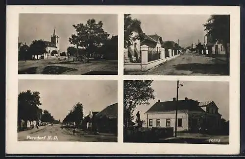 AK Parndorf, Gasthof F. Illenschitz, Strassenpartie mit Kirche