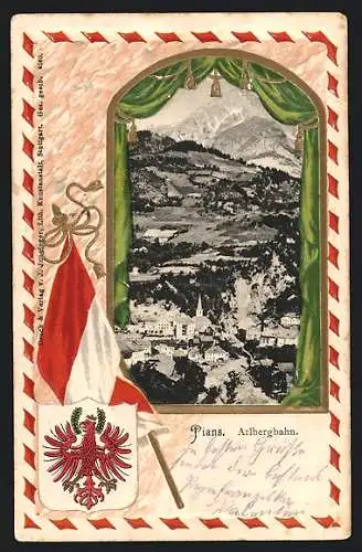 Präge-AK Pians, Arlbergbahn und Prägerahmen mit Wappen und Flagge