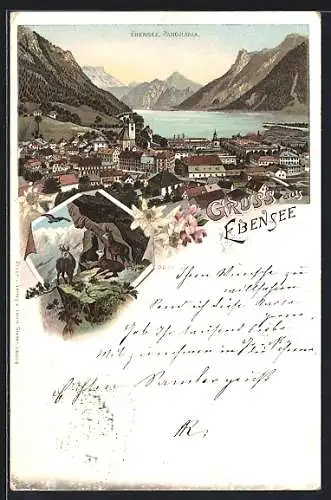 Lithographie Ebensee, Panorama der Ortschaft mit Bergen