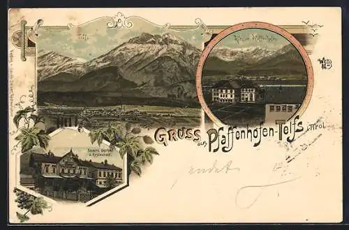 Lithographie Telfs /Tirol, Seiser`s Gasthof und Restaurant, Kloster Pfaffenhofen und Totalansicht