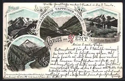 Lithographie Vent i. D., Gasthaus Tappeiner, Schlittenfahrt ü. d. Hochjochgletscher, Wildspitze und Thalleitspitze