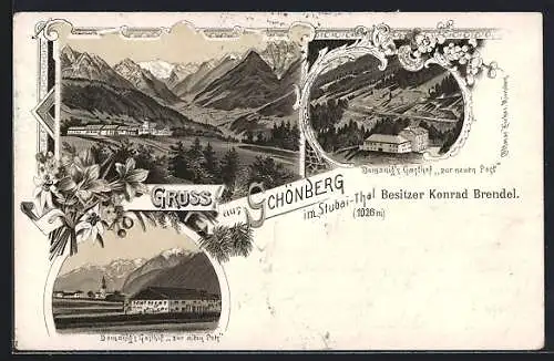 Lithographie Schönberg i. Stubaithal, Gasthof zur alten Post v. Domanig, Totale mit Gebirgskette