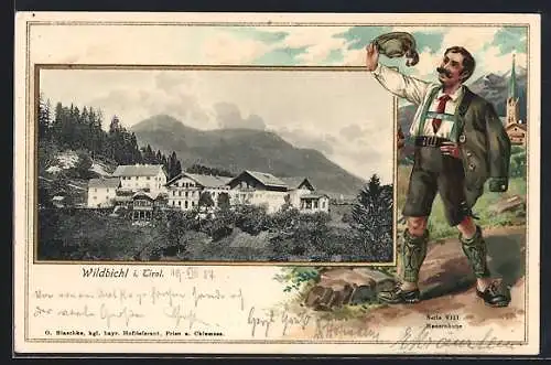 AK Wildbichl i. Tirol, Ortsansicht mit Berglandschaft, Passepartout mit Herrn in Tracht