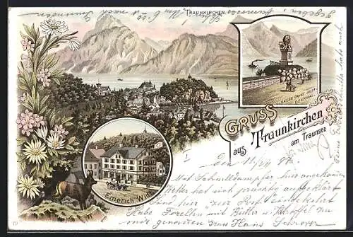 Lithographie Traunkirchen am Traunsee, Gasthaus Emerich Widl, Kaiser Franz Josef-Denkmal