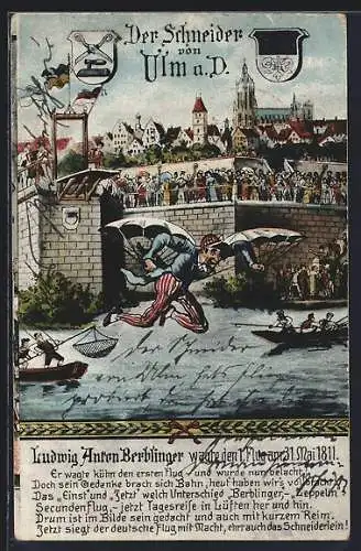 Künstler-AK Ulm a. D., Der Schneider von Ulm bei seinem Flug 1811, Sage