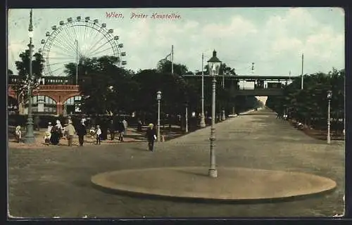 AK Wien, Wiener Prater, Hauptallee mit Riesenrad