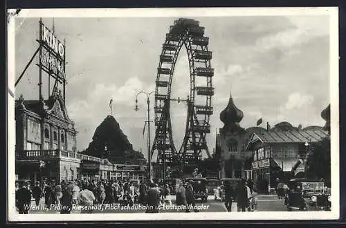 AK Wien, Wiener Prater, Riesenrad, Hochschaubahn und Lustspieltheater