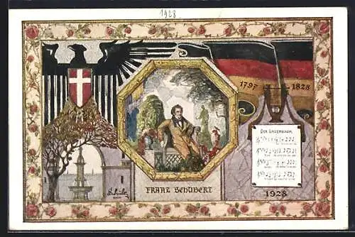 AK Wien, 10. Deutsches Sängerbundesfest 1928, Franz Sehubert, Der Lindenbaum, deutsche Flagge, Brunnen