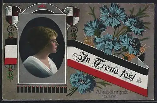 AK Frau mit nachdenklichem Blick, Kaiserreichsflagge und Kornblumen