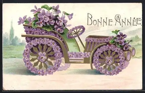 AK Auto mit violetten Blumen, Blumenbild