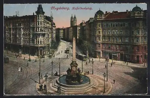 AK Magdeburg, Hasselbachplatz mit Strassenbahnen und Denkmal