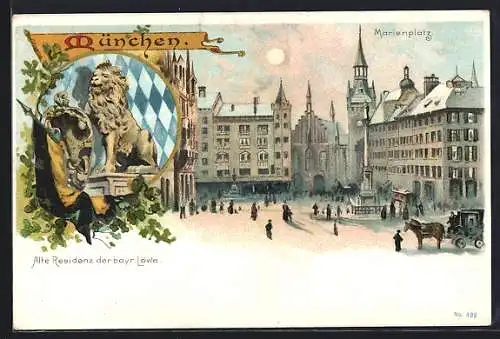 Lithographie München, Marienplatz, Alte Residenz der bayr.Löwe