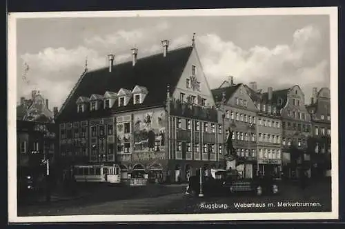 AK Augsburg, Strassenbahn am Weberhaus mit Merkurbrunnen