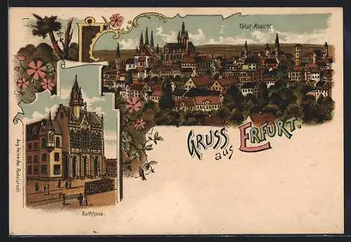 Lithographie Erfurt, Totalansicht, Rathaus, Strassenbahn