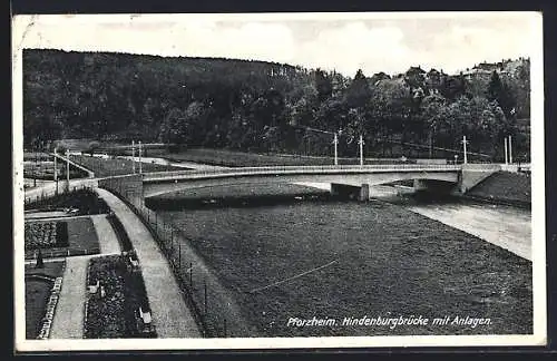 AK Pforzheim, Hindenburgbrücke mit Anlagen