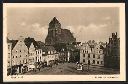 AK Greifswald, Blick auf den Markt mit Marienkirche