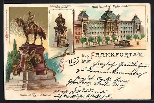 Lithographie Frankfurt, kaiserliche Post und Denkmal Kaiser- Wilhelm I.