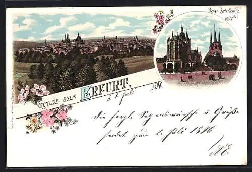 Lithographie Erfurt, Blick zum Ort, Dom u. Severikirche