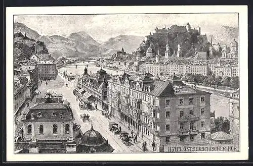 Künstler-AK Salzburg, Hotel Österreichischer Hof und Stadtansicht