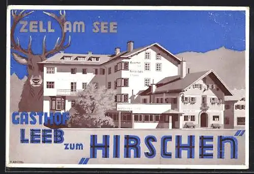 Künstler-AK Zell am See, Gasthof Leeb Zum Hirschen, Am Postplatz