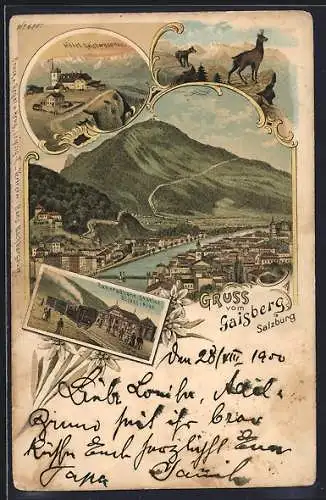 Lithographie Salzburg, Hotel Gaisbergspitze, Zahnradbahn-Station Zistel-Alpe