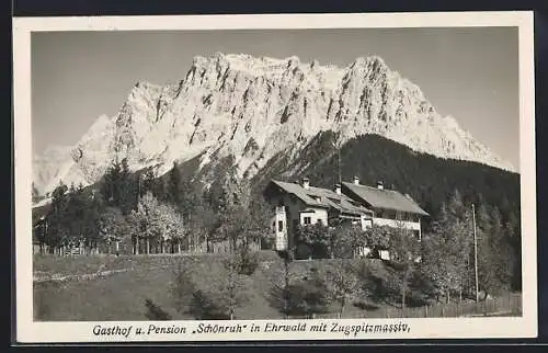 AK Ehrwald, Gasthof und Pension Schönruh mit Zugspitzmassiv