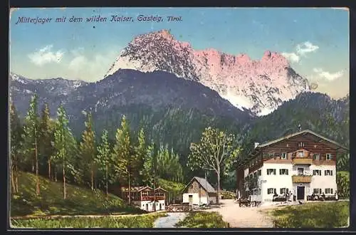 AK Kirchdorf in Tirol, Gasteig, Gasthof Mitterjager mit dem wilden Kaiser