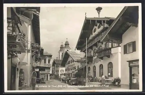 AK St. Johann in Tirol, Speckbacherstrasse mit Gasthof Post & Tankstelle