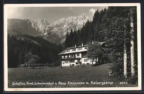 AK Scheffau, Schwimmbad u. Pension Eisenmann mit Kaisergebirge