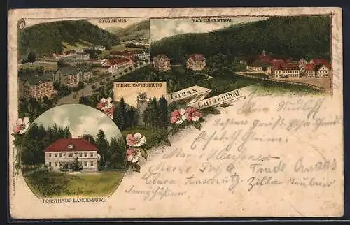 Lithographie Stutzhaus, Ruine Käfernburg, Forsthaus Langenburg, Bad Luisenthal