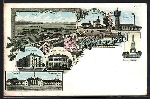 Lithographie Lager Lechfeld, Neue Kaserne, Kaserne II und Garnison-Verwaltung, Wasserwerk