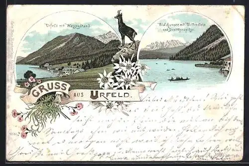 Lithographie Urfeld / Bayern, Ansicht m. Herzogstand, Walchensee m. Wetterstein & Dreithorspitze