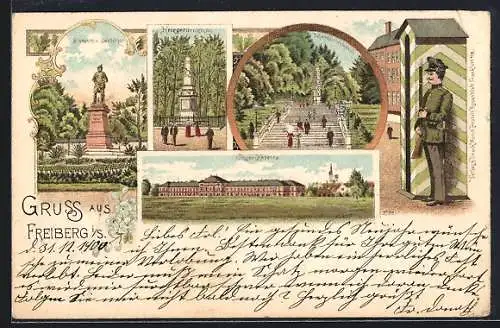 Lithographie Freiberg i. S., Jäger-Kaserne, Wachsoldat, Schwedendenkmal, Kriegerdenkmal