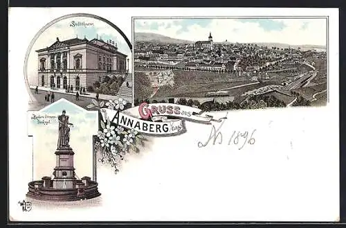 Lithographie Annaberg i / Erzg., Teilansicht, Stadttheater, Barbara Uttmann-Denkmal