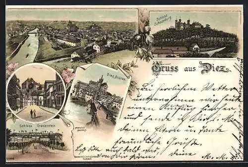 Lithographie Diez, Diezbrücke, Schlösser Schaumburg u. Oranienstein, Strassenpartie, Ortsansicht