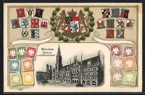 AK München, Rathaus und Marienplatz, Wappen von Augsburg, Ingolstadt und Speyer, Briefmarken