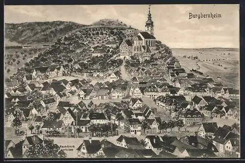 Künstler-AK sign. Hans Pernat: Burgbernheim, Totalansicht mit Berg, Kirche und Blick ins Land