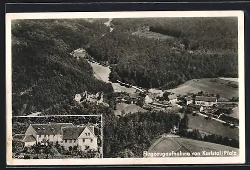 AK Karlstal /Pfalz, Gasthaus Klugsche Mühle J. Klug, Ortsansicht vom Flugzeug aus