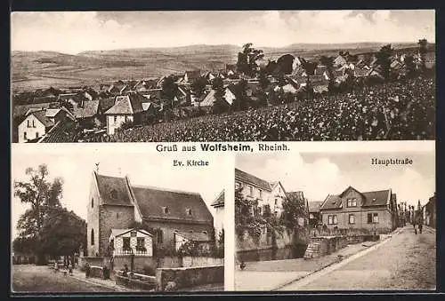 AK Wolfsheim /Rheinh., Hauptstrasse, Ev. Kirche, Totalansicht mit Fernblick