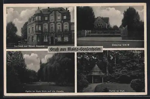 AK Mainz-Gonsenheim, Gasthaus zur Neuen Brauerei, Ehrenmal 1914-18, Partie im Park mit Blick auf die Kapelle