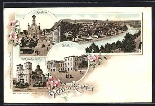 Lithographie Kempten / Allgäu, Totalansicht mit Rathaus