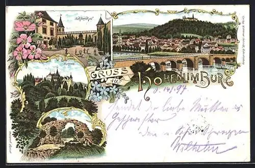 Lithographie Hohenlimburg, Schloss, Schloss-Hof, Hünnenpforte