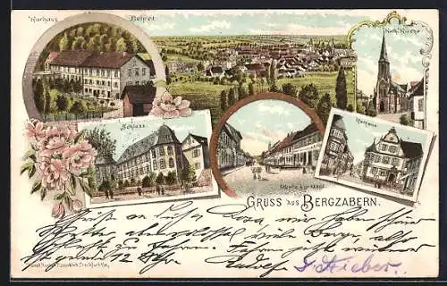 Lithographie Bergzabern, Kurhaus, Schloss, Rathaus, Kath. Kirche