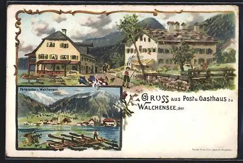 Lithographie Walchensee, Gasthaus mit Post und Panorama vom Walchensee