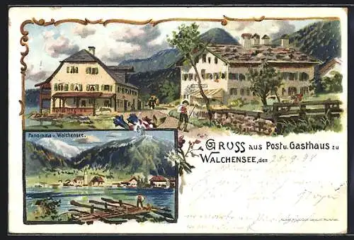 Lithographie Walchensee, Gasthaus mit Post und Panorama vom Walchensee