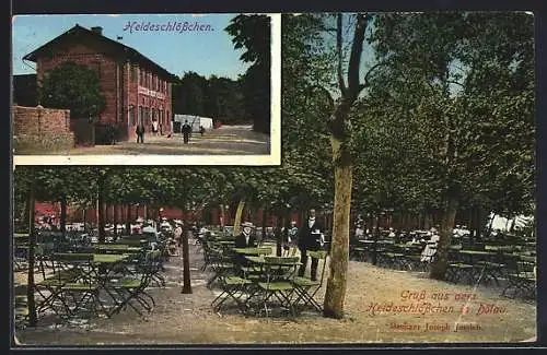 AK Dölau / Halle, Gasthaus Heideschlösschen von Joseph Jessich, Garten