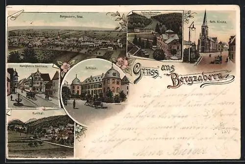 Lithographie Bergzabern, Schloss, Marktplatz und Stadthaus, Kurhaus Westenhöfer